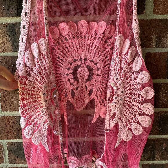 S/M Betsey Johnson Pink Mesh Peacock Vest Y2K Sheer Embroidered Festival Kawaii - Picture 2 of 6